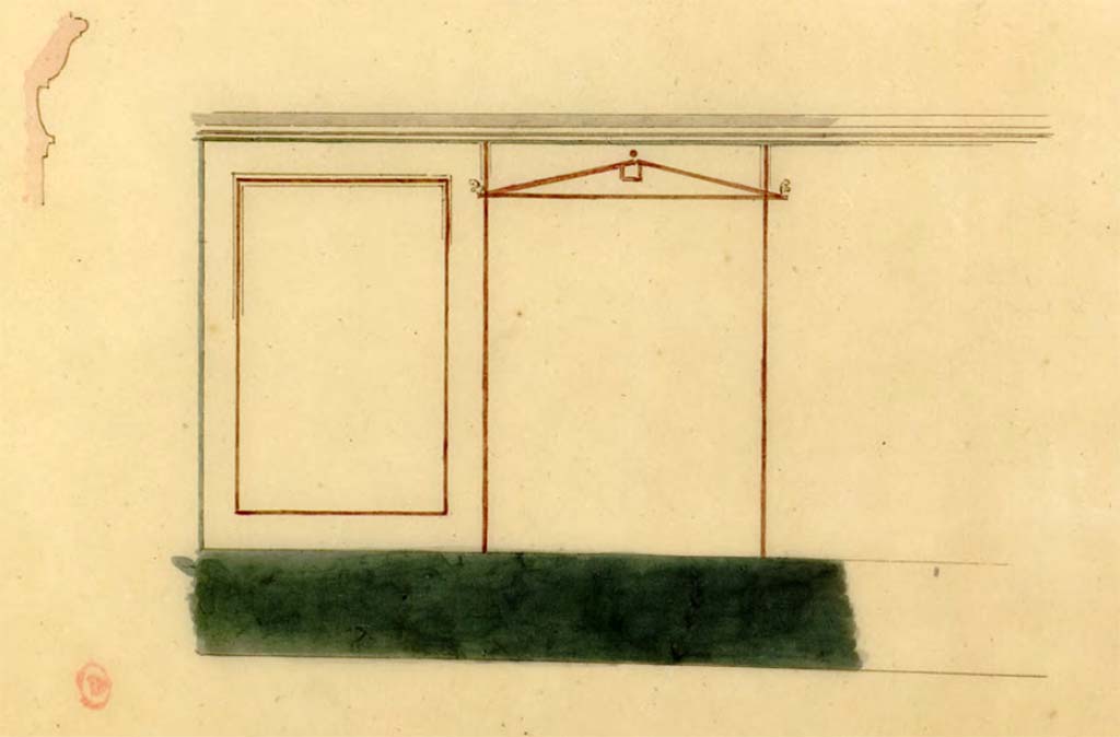 VIII.2.1 Pompeii. c.1817. Watercolour/unfinished sketch by Chenavard of wall in room next to stairs.
See Chenavard, Antoine-Marie (1787-1883) et al. Voyage d'Italie, croquis Tome 3, pl. 119 lower.
INHA Identifiant numérique : NUM MS 703 (3). See Book on INHA
Document placé sous « Licence Ouverte / Open Licence » Etalab