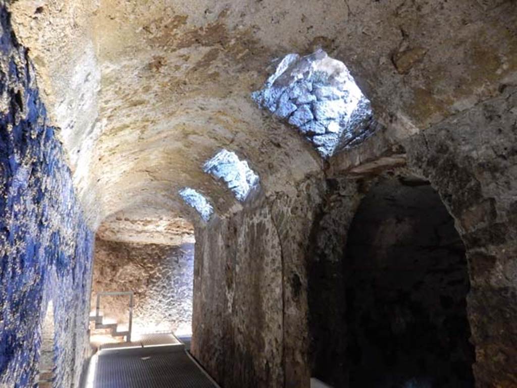 VIII.2.1 Pompeii. May 2018.
Looking east from west end of corridor/cryptoporticus, with doorway to vaulted room C on south side. Photo courtesy of Buzz Ferebee.