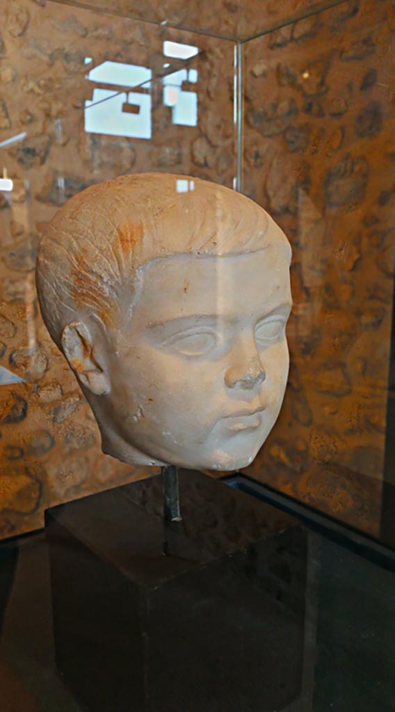 VIII.2.1 Pompeii. 2018. On display in Championnet complex Pompeii.
Marble head of a child, found 9th February 1937. Photo courtesy of Giuseppe Ciaramella.
