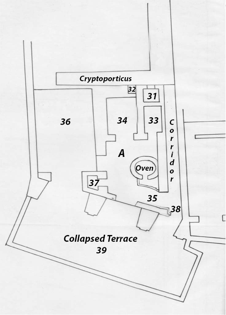 VIII.2.1 Pompeii. 1937 plan of Lower level 1, rooms discovered between the end of 1936 and April 1937.
After AS-MANN, II Inv. b.142 f.18.
See Zanella S., 2019. La caccia fu buona: Pour une histoire des fouilles à Pompéi de Titus à l’Europe. Naples : Centre Jean Bérard, p. 252, fig. 143.