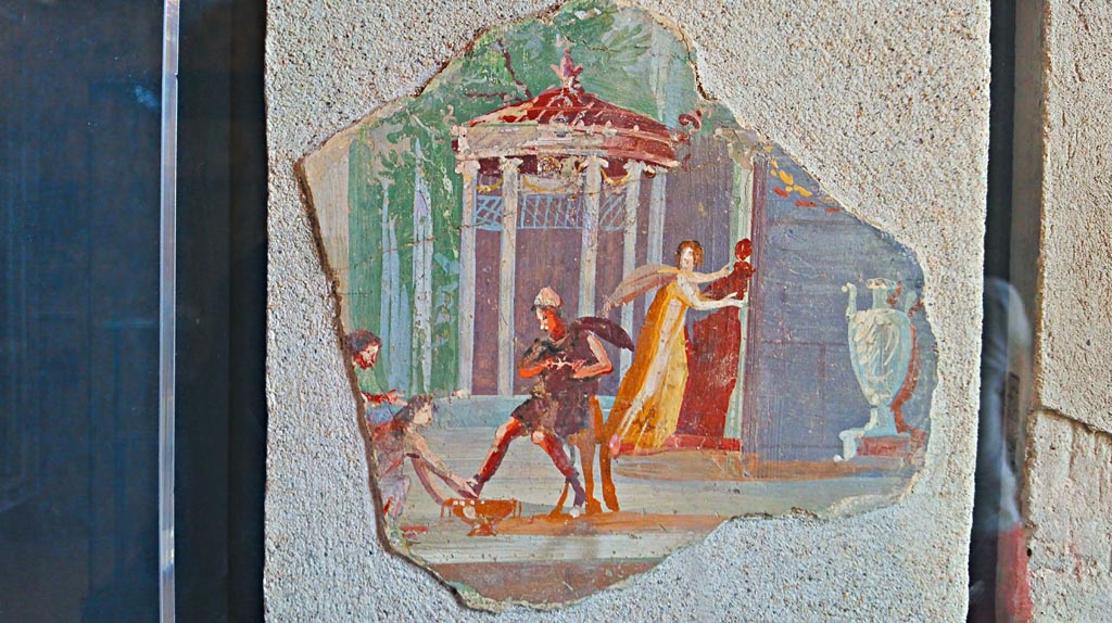VIII.2.1 Pompeii. 2019 Fragment of fresco showing the return of Odysseus to Ithaca.
Found 31st December 1973, outside of the wall of the third room under the House of Championnet. Pompeii Inventory number 14231.
Photo courtesy of Giuseppe Ciaramella.