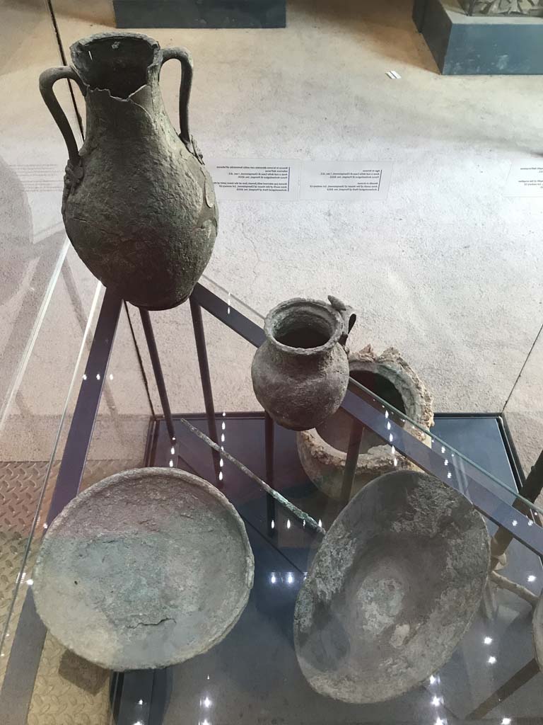 VIII.2.1 Pompeii. April 2019.
Display case with finds from excavations conducted in the area since the 1930’s.
Photo courtesy of Rick Bauer.