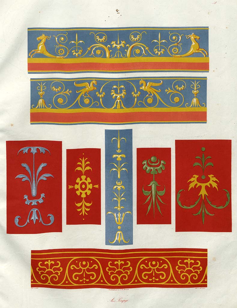 VIII.2.1/3. C.1828, drawings by Zahn. Decorations, described as from house at the side of the Basilica.
See Zahn, W., 1828-29. Die schönsten Ornamente und merkwürdigsten Gemälde aus Pompeji, Herkulanum und Stabiae: I. Berlin: Reimer, taf. 51.