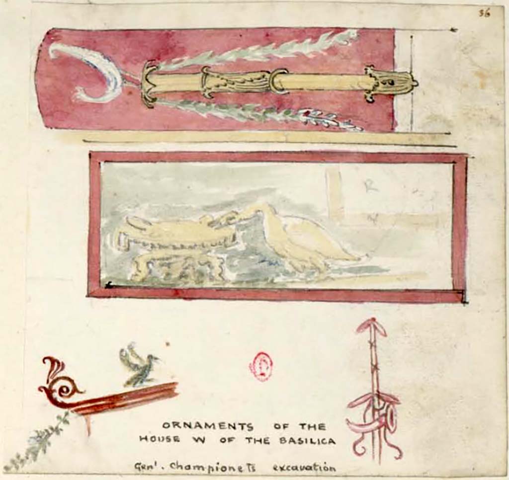 VIII.2.1 Pompeii. Between 1819 and 1832, sketches by W. Gell of painted ornaments from walls in rooms, but no exact location.
See Gell, W. Pompeii unpublished [Dessins de l'édition de 1832 donnant le résultat des fouilles post 1819 (?)] vol II, pl. 32.
Bibliothèque de l'Institut National d'Histoire de l'Art, collections Jacques Doucet, Identifiant numérique Num MS180 (2).
See book in INHA Use Etalab Licence Ouverte
