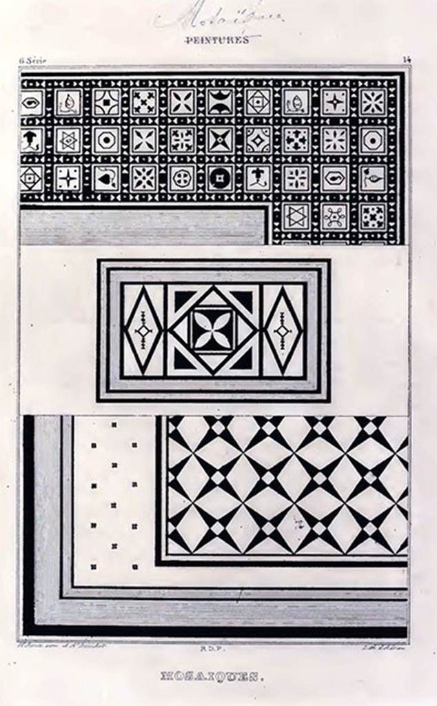 VIII.2.1 Pompeii. Mosaics.
According to Roux, “It was probably of the same building that provenanced these three black and white fragments.
The first is remarkable for the variety of decoration on each tile.
The last for the successful provision of white rhomboids and black triangles.
See Roux, H., 1840. Herculanem et Pompei recueil général des Peintures, Bronzes, Mosaïques : Tome 5. Paris : Didot, Tome 5, 6th series – Mosaics, (p.19), pl. 14.
(Note: The top mosaic is from the peristyle area.
The lower mosaic is from the cubiculum on the east side of the entrance doorway.)