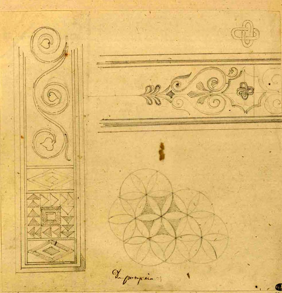 VIII.2.1 Pompeii. Drawing of Mosaics.
The one on the left would appear to be similar to the middle one, above, of H. Roux.
The one on the upper right of this page, would appear to be the same as the one on the middle left, above, of H. Roux.
The one on the lower right of this page, has not yet been located.
See Debret F. (1777-1850), Piranesi F. (1758-1810), LaBrouste H. (1801-1875). Voyage en Italie-De Naples à Paestum, pl. 121.
INHA Identifiant numérique : NUM PC 77832 (07). See book on INHA Les documents sont placés sous « Licence Ouverte / Open Licence » Etalab