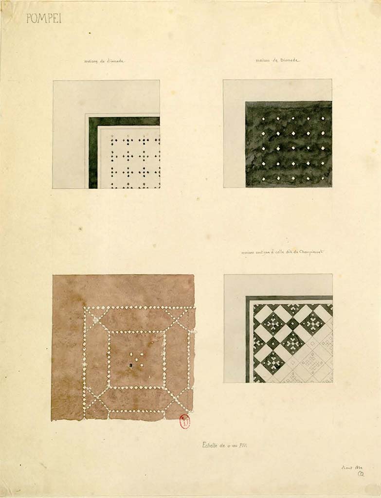 VIII.2.3 Pompeii. August 1832 watercolour sketches by C-A. Questel.
The one on the lower right is from the entrance corridor.
The wording above reads – Maison contiguë a celle dite de Championnet.
The top two mosaics would appear to be from Villa of Diomedes, however according to PPM, the atrium flooring in this house also had a black background with regular rows of large white stones, and the edge consisting of a large white band.
See Charles-Auguste Questel (1807-1888) Voyage en Italie et Sicile. Août 1831 - novembre 1832, p. 43/120.
INHA identifiant numérique : NUM MS 512. Document placé sous « Licence Ouverte / Open Licence » Etalab