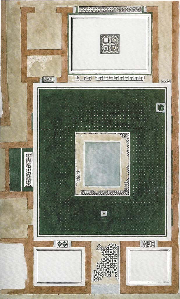 VIII.2.3 Pompeii.
Painting of entrance corridor, atrium and tablinum floor mosaics by Hans Georg Skovgaard.
See Staub Gierow M., 2008. Pompejanische Kopien aus Dänemark. Roma: L'Erma di Bretschneider, no. 252 p. 210.