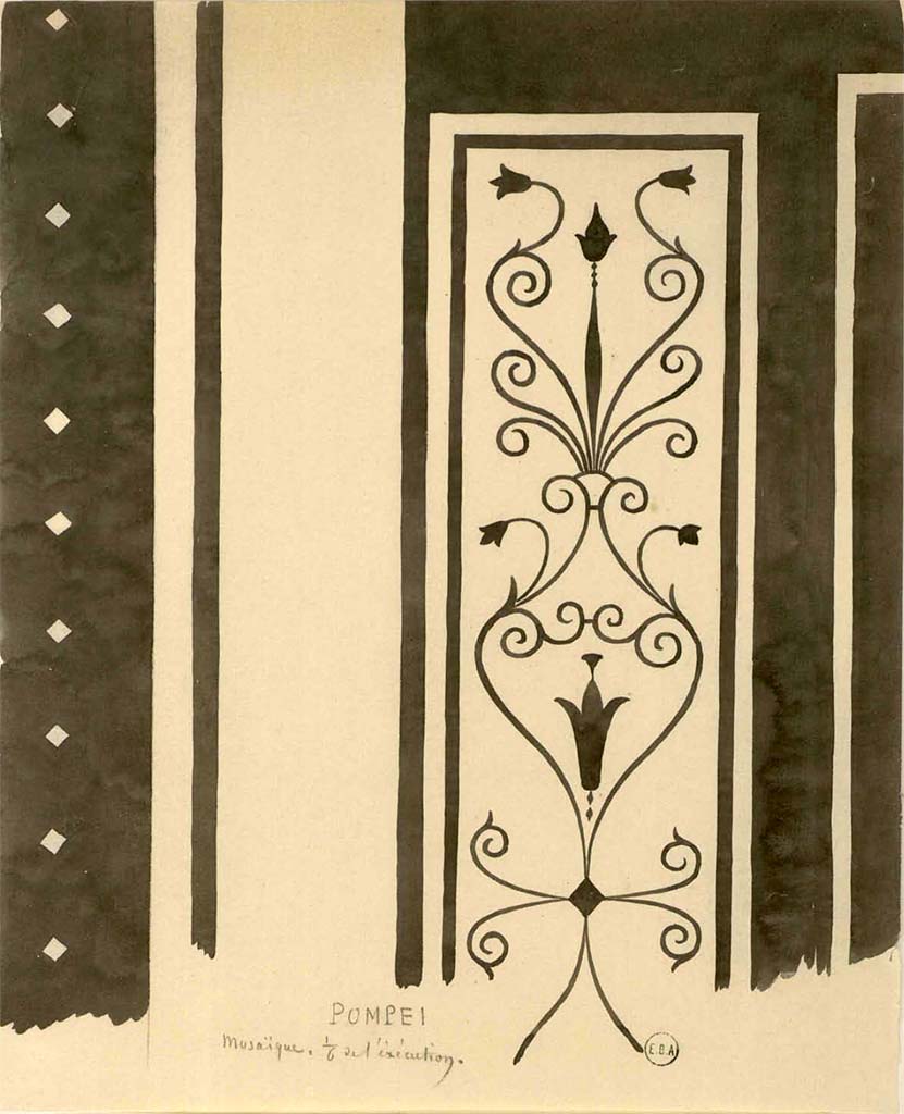 VIII.2.1 Pompeii. Watercolour sketch of mosaic threshold and possibly its floor, by J.B.C. Lesueur.
See also H. Roux, above.
See Lesueur, Jean-Baptiste Ciceron. Voyage en Italie de Jean-Baptiste Ciceron Lesueur (1794-1883), pl. 39.
See Book on INHA reference INHA NUM PC 15469 (04) « Licence Ouverte / Open Licence » Etalab