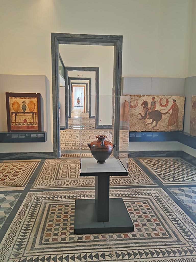 VIII.2.3 Pompeii (?) or Villa dei Papiri, Herculaneum. June 2024.
Mosaic floor in room CXXX (130) of Naples Archaeological Museum, described by them as being from the Library of the Villa dei Papiri.
Photo courtesy of Giuseppe Ciaramella.