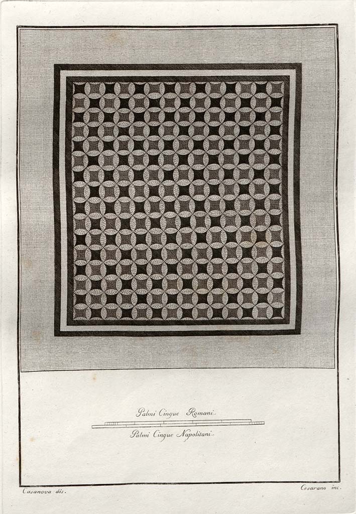 VIII.2.3 Pompeii (?). Pre 1808.
Drawing by Casanova of mosaic floor, (14 designs x 16 designs) which may or may not be from this house.
See Gli ornati delle pareti ed i pavimenti delle stanze dell'antica Pompei incisi in rame: parte II, 1808 and 1838.