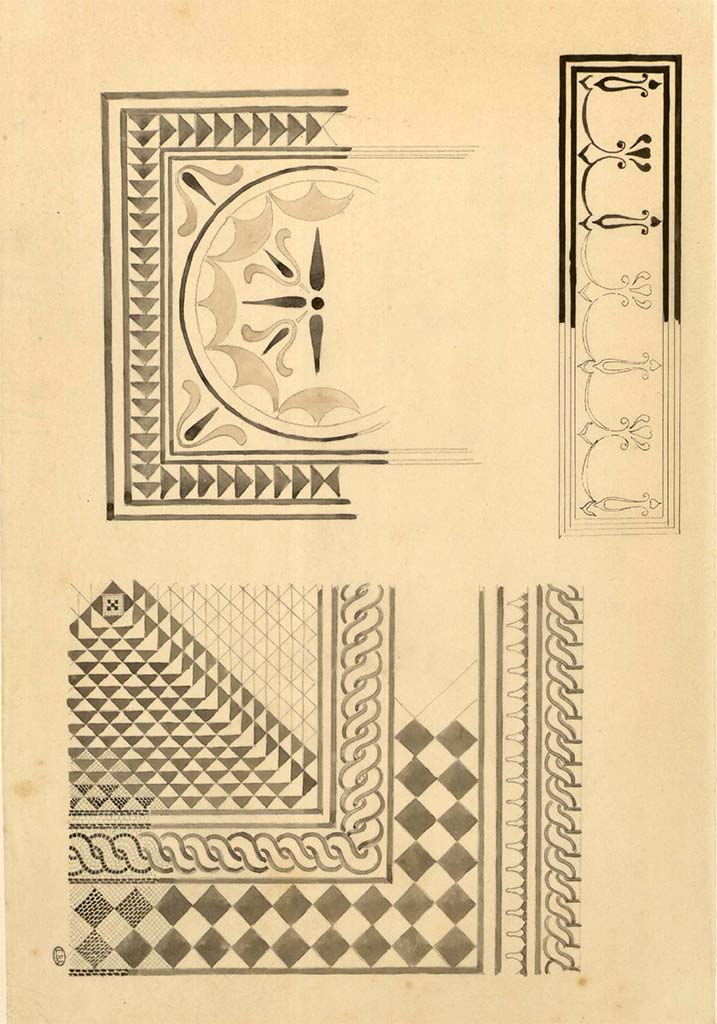 VIII.2.1-3 Pompeii.
Drawings of details of mosaics, possibly from one of the rooms in the two linked houses of VIII.2.1 and VIII.2.3, by Jacques Hittorff.
See Hittorff, Jacques Ignace (1792-1867). Carnet de dessins (14), pl. 3.
See Book on INHA reference INHA NUM PC 43236 « Licence Ouverte / Open Licence » Etalab