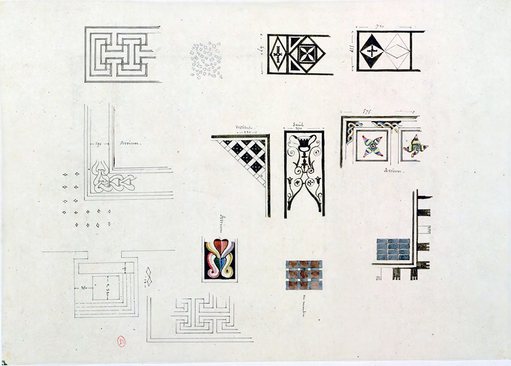 VIII.2.1-3 Pompeii. Unnamed and undated drawings of various mosaics, by Chenavard.
See Chenavard, Antoine-Marie (1787-1883) et al. Voyage d'Italie, croquis Tome 3, pl. 101.
INHA Identifiant numérique : NUM MS 703 (3). See Book on INHA
Document placé sous « Licence Ouverte / Open Licence » Etalab
Comparing these paintings with the floor plan painted by Skovgaard suggests many of these may be from VIII.2.1-3 -
Top row –
Left - from the south side of the Exedra or Tablinum, VIII.2.3.
Centre left – possibly from cubiculum in south-east corner of atrium, VIII.2.3.
Centre right – threshold from cubiculum in the north-west corner of the atrium, VIII.2.3.
Right – threshold from cubiculum in the north-east corner of the atrium, VIII.2.3.
Centre row –
Left, from the border of the impluvium in the atrium of VIII.2.3.
Centre left, vestibule/entrance corridor of VIII.2.3.
Centre right, mosaic from the threshold to the ala, VIII.2.3.
(According to Mazois – from either VIII.2.1 or VIII.2.3, (See Mazois, F., 1824. Les Ruines de Pompei : Second Partie. Paris : Firmin Didot, pl. XL.).
Right, possible emblema from Tablinum or Exedra of VIII.2.3 as shown by Skovgaard, but here described as “atrium”.
Lower row –
Left – unknown.
Centre left, top – described as from “atrium”, probably from border around impluvium in VIII.2.1. See sketches by Hittorff, Lesueur amd Duban in VII.2.1.
Centre left, lower – very similar to mosaic from south side of Exedra of VIII.2.3?
Centre right, unknown.
Right, unknown - similar mosaics, but with differing tower patterns, are in II.4.6, VI.1.7/25, VIII.3.8, VIII.4.15.