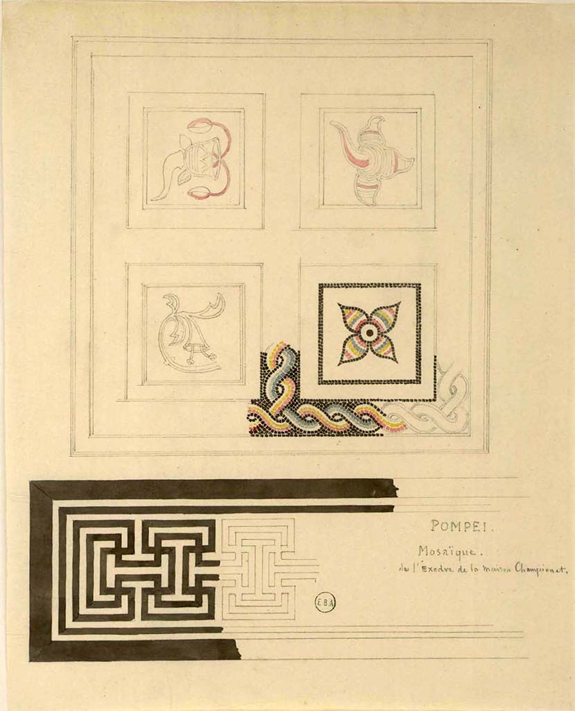 VIII.2.1 Pompeii.
According to the writing, this is a drawing/watercolour of the mosaic flooring from the Exedra of the House of Championnet.
No location found yet.
See Lesueur, Jean-Baptiste Ciceron. Voyage en Italie de Jean-Baptiste Ciceron Lesueur (1794-1883), pl. 41.
See Book on INHA reference INHA NUM PC 15469 (04) « Licence Ouverte / Open Licence » Etalab