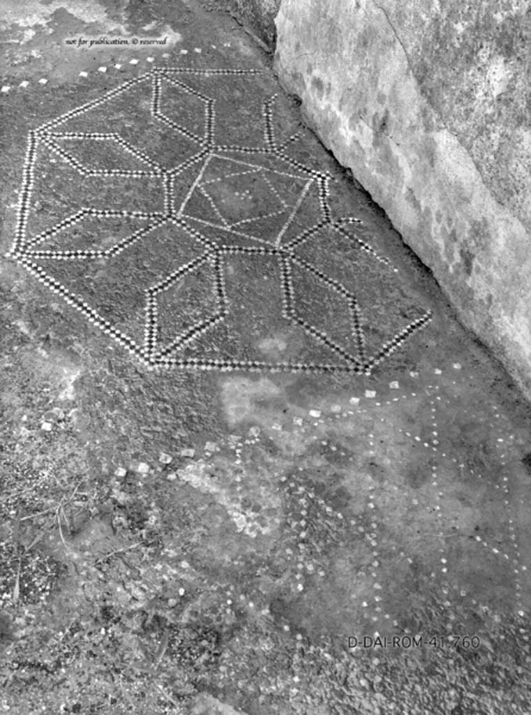 VIII.2.13 Pompeii. c.1930. Detail of flooring in small room in north-west corner of atrium.
DAIR 41.760. Photo © Deutsches Archäologisches Institut, Abteilung Rom, Arkiv.
See Pernice, E. 1938. Pavimente und Figürliche Mosaiken: Die Hellenistische Kunst in Pompeji, Band VI. Berlin: de Gruyter, (tav. 46.5, above.)
According to PPM, these two small rooms in the north-west corner of the atrium would have been originally the north ala.
It was then divided into two smaller rooms, (rooms “i” and “k”) as can be seen by a wall being built above the decorated cocciopesto flooring.
See Carratelli, G. P., 1990-2003. Pompei: Pitture e Mosaici. 8, VIII. Roma: Istituto della enciclopedia italiana, (p. 70).