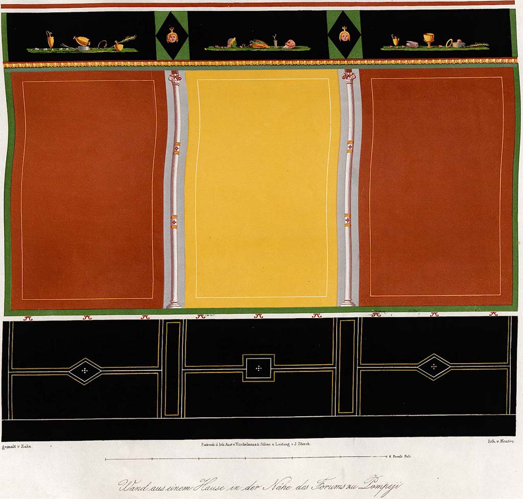 VIII.2.13? Pompeii. c.1828. Painting by Zahn of a wall of a house, of original colour.
He described it as
- in the vicinity of the forum, this wall was found behind la Curie, opposite side to Vesuvius, in the road that leads from the forum to the Scavo della Regina.
See Zahn, W., 1842-44. Die schönsten Ornamente und merkwürdigsten Gemälde aus Pompeji, Herkulanum und Stabiae: II. Berlin: Reimer, taf. 45.
We have not managed to identify the existing wall from this painting, but there are several good candidates in this house.
In the south-east corner of the atrium, there appears to be several rooms with walls with a dark (?black) zoccolo, as well as the tablinum.
Until further investigation, this will stay here.