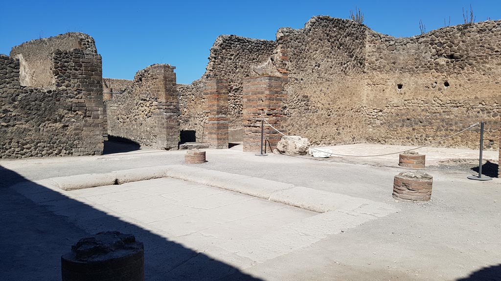 VIII.2.14 Pompeii. August 2023.
Looking north-west across atrium towards corridor and north side of atrium. Photo courtesy of Maribel Velasco.