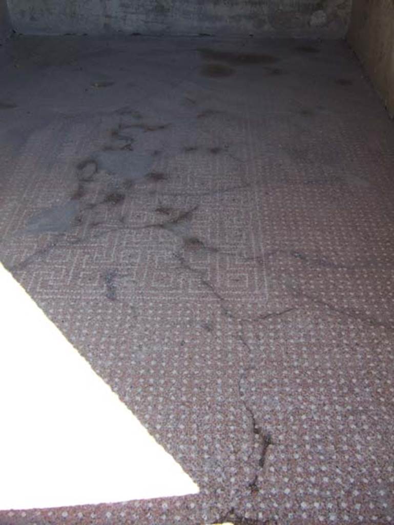 VIII.2.16 Pompeii. September 2005.
Cubiculum on north side of entrance corridor, with decorated floor of cocciopesto with regular lines of large white tesserae.
In the centre of the floor, the smaller tesserae make a decoration of a net of meanders and squares.