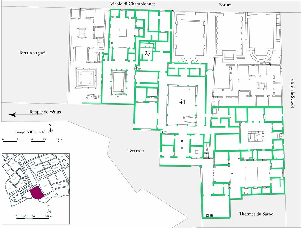 Fig. 1 - Pompéi, Maison des Mosaïques géométriques dans son contexte topographique.
Photo courtoisie de Sandra Zanella. Agrandir / Enlarge (jpg, 2,2M)