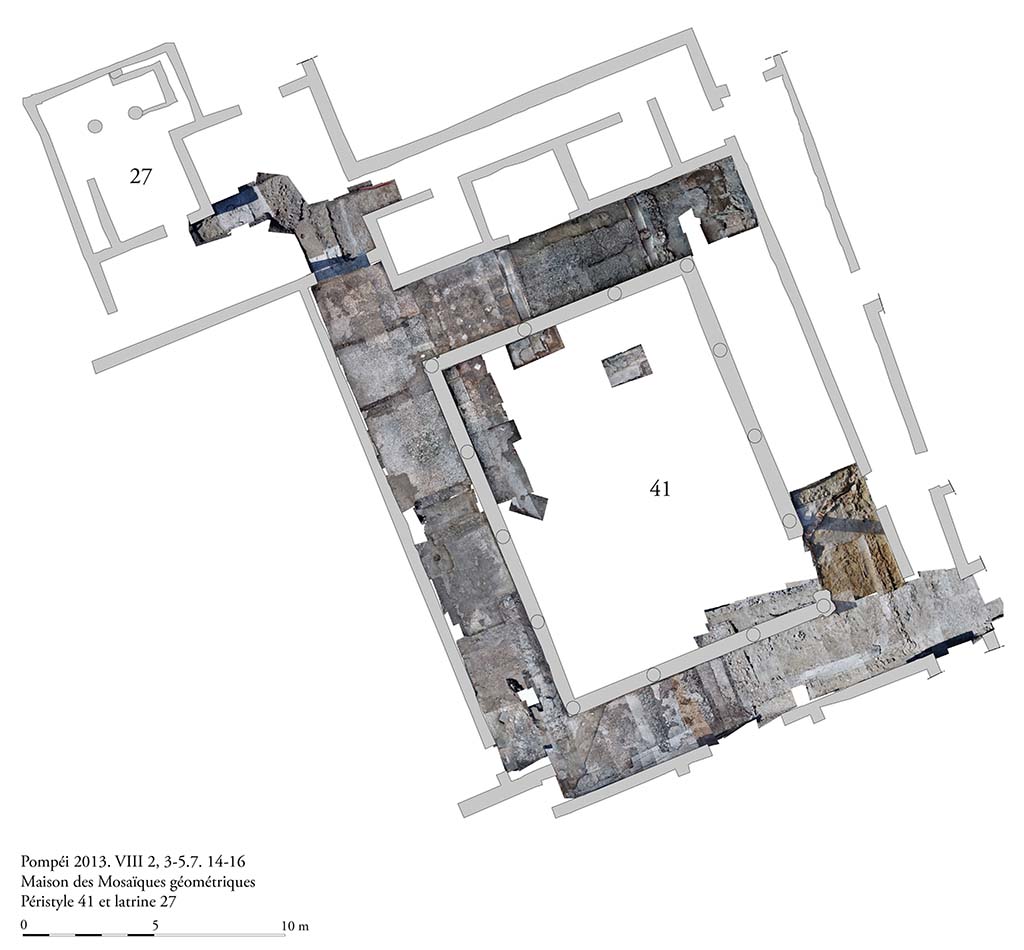 Fig. 2 - Pompéi, Maison des Mosaïques géométriques. L’aire d’intervention.
Photomosaïque d’ensemble de pavements et des structures arasées découvertes pendant les opérations de nettoyage.
Photo courtoisie de Sandra Zanella. Agrandir / Enlarge (jpg, 1,3M)