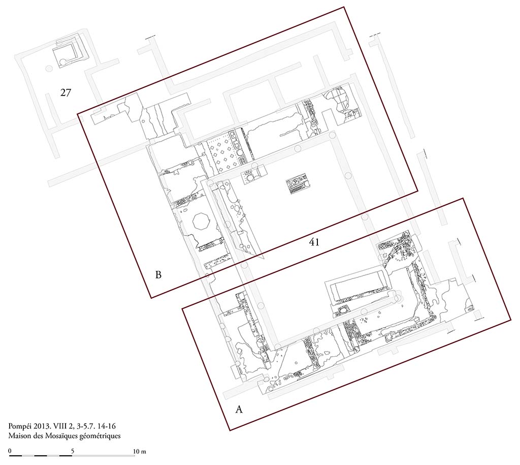 Fig. 3 - Pompéi, Maison des Mosaïques géométriques. Les structures découvertes. Relevé d’ensemble.
Photo courtoisie de Sandra Zanella. Agrandir / Enlarge (jpg, 1,1M)