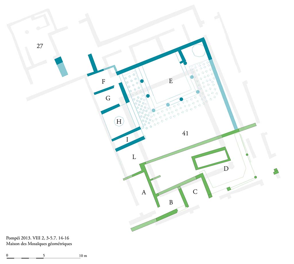 Fig. 4 - Pompéi, Maison des Mosaïques géométriques. Les structures découvertes. Hypothèses de reconstruction.
Photo courtoisie de Sandra Zanella. Agrandir / Enlarge (jpg, 760k)
