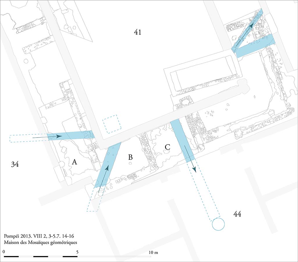 Fig. 7 - Pompéi, Maison des Mosaïques géométriques. La gestion de l’eau dans le nouveau péristyle 41.
Photo courtoisie de Sandra Zanella. Agrandir / Enlarge (jpg, 1,5M)