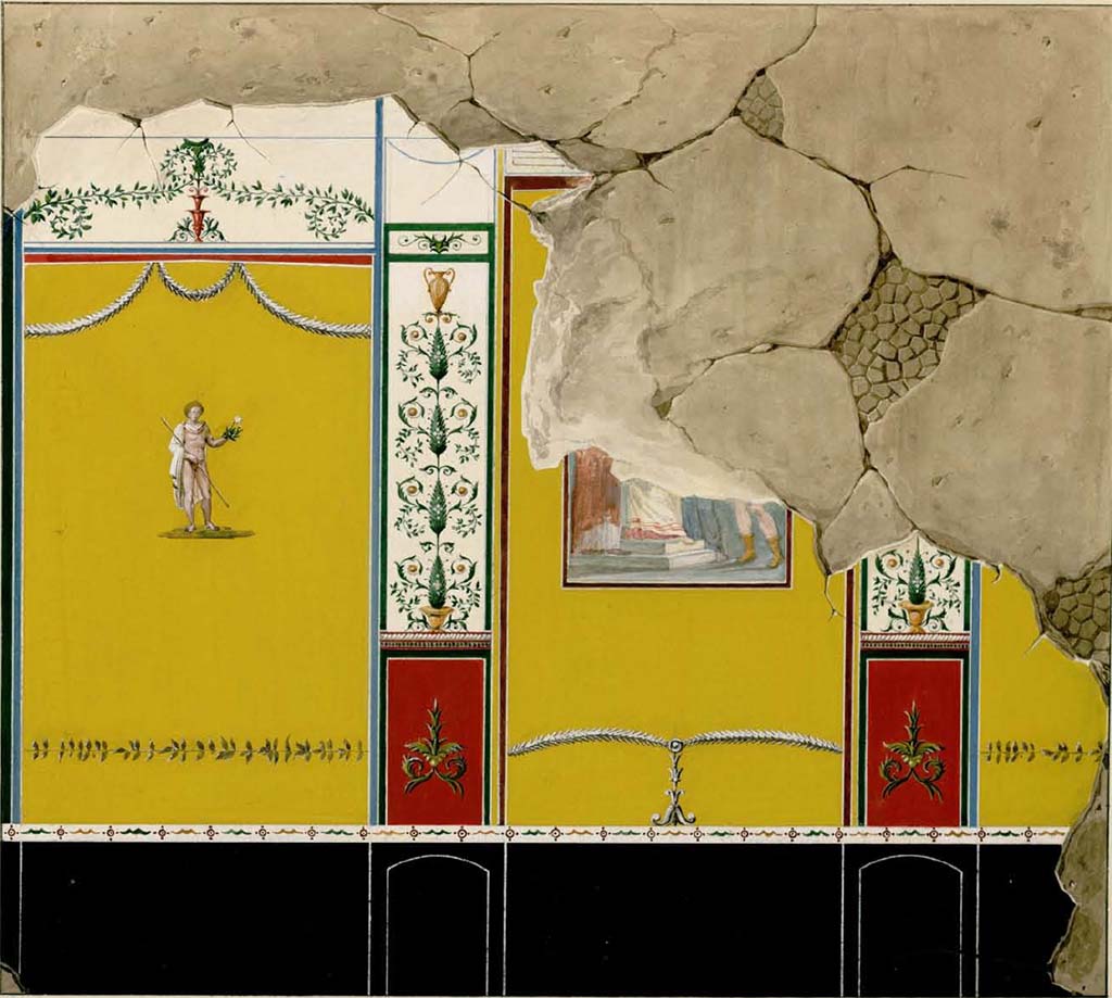 VIII.2.18 Pompeii. c.1831-32. Painting by Questel, possibly showing north wall of tablinum.
See Charles-Auguste Questel (1807-1888) Voyage en Italie et Sicile. Août 1831 - novembre 1832, pl. 108.
INHA identifiant numérique: NUM MS 512. Document placé sous « Licence Ouverte / Open Licence » Etalab