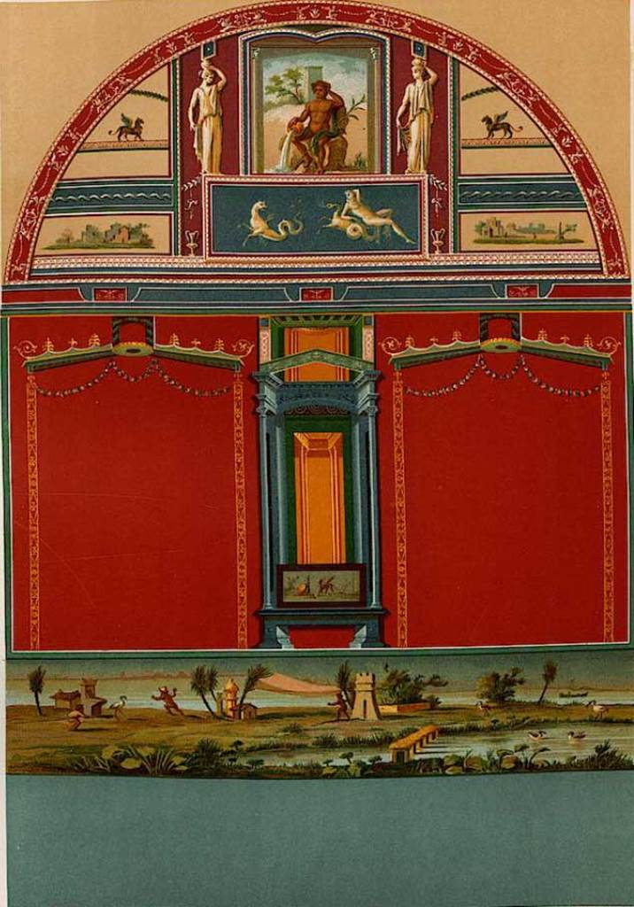 VIII.2.18 Pompeii. 1896. Frigidarium 54 on level 4, north wall.
See Niccolini F, 1896. Le case ed i monumenti di Pompei: Volume Quarto. Napoli. NS Tav. 12.