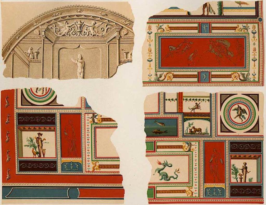 VIII.2.17-20 Pompeii. 1896. Level 4, painted stucco decoration from apodyterium 50 and frigidarium 53.
Top left: Apodyterium 50 north wall.
Top right: Frigidarium 53 above east wall just north of supporting arch. Ceiling stucco of the Rape of Hylas.
Bottom left: Frigidarium 53 ceiling stucco above east wall just south of supporting arch.
Bottom right: Frigidarium 53 ceiling stucco above east wall south end.
See Niccolini F, 1896. Le case ed i monumenti di Pompei: Volume Quarto. Napoli. NS Tav. 11.
See Koloski Ostrow, A., 1990. The Sarno Bath Complex. Roma: L’Erma di Bretschneider, plates 105-9.