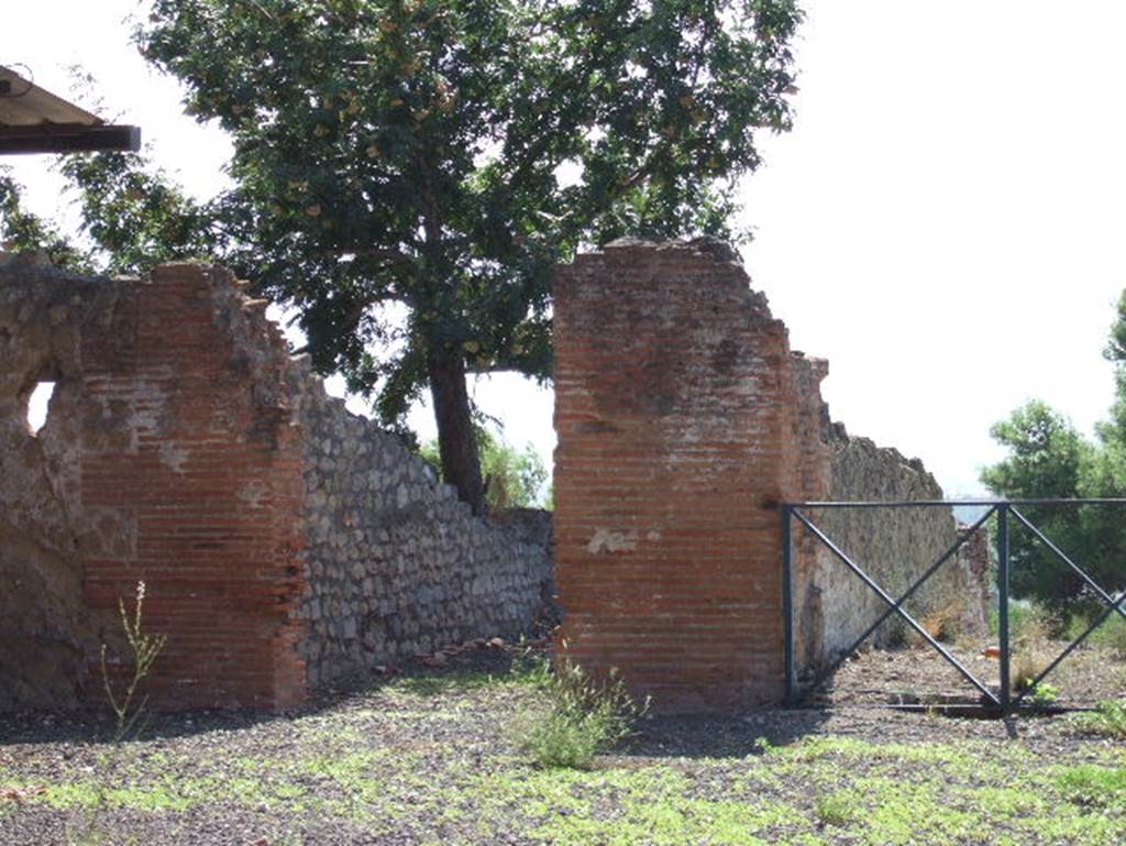 VIII.2.21 Pompeii. September 2005. South side of atrium, with doorway to room on left, and remains of tablinum, on right. According to Richardson, flanking the tablinum were two rather narrow rooms, much of that on the west having collapsed. Beyond these must have run a terrace at least as deep as the tablinum, probably with rooms at either end to judge from bits of masonry that survive and the thickness of the walls in the lower storey. Perhaps these rooms may have been the most splendid triclinia in the house, but how they would have been remodelled there is no way of telling. See Richardson, L., 1988. Pompeii: an Architectural History. Baltimore: John Hopkins University Press. (p.303-7)