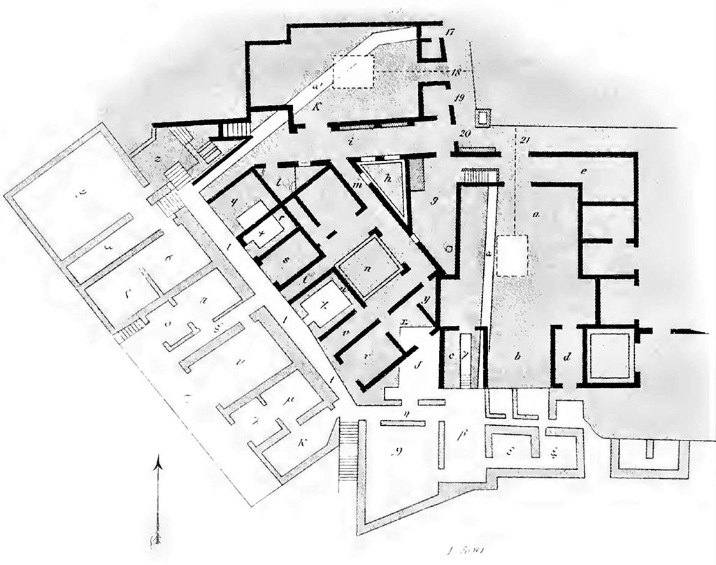 VIII.2.21 Pompeii, on right. Tav 5, no.2, as from BdI, 1890, showing rooms (i) and (k), lower right.
Room “i” would appear to be room 96, on level 3. (Room ε in PPM and BdI)
Room “k” would appear to be room 95, on level 3. (Room ζ in PPM and BdI)
See Bullettino dell’Instituto di Corrispondenza Archeologica (DAIR), 5, 1890, (p.206-207).