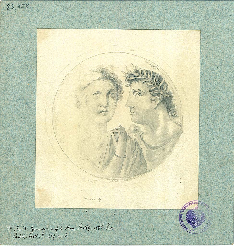 VIII.2.21 Pompeii. 1888. According to the label, lower left, this a drawing of painting from room “i” of the plan BdI 1888, Tav. VII.
DAIR 83.158. Photo © Deutsches Archäologisches Institut, Abteilung Rom, Arkiv.