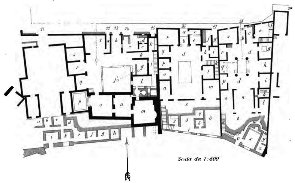 VIII.2.21 Pompeii, on left. Tav. VII, as from BdI 1888.
Room “i” would appear to be room 96, on level 3, as in Koloski Ostrow, below.
Room “k” would appear to be room 95, on level 3.