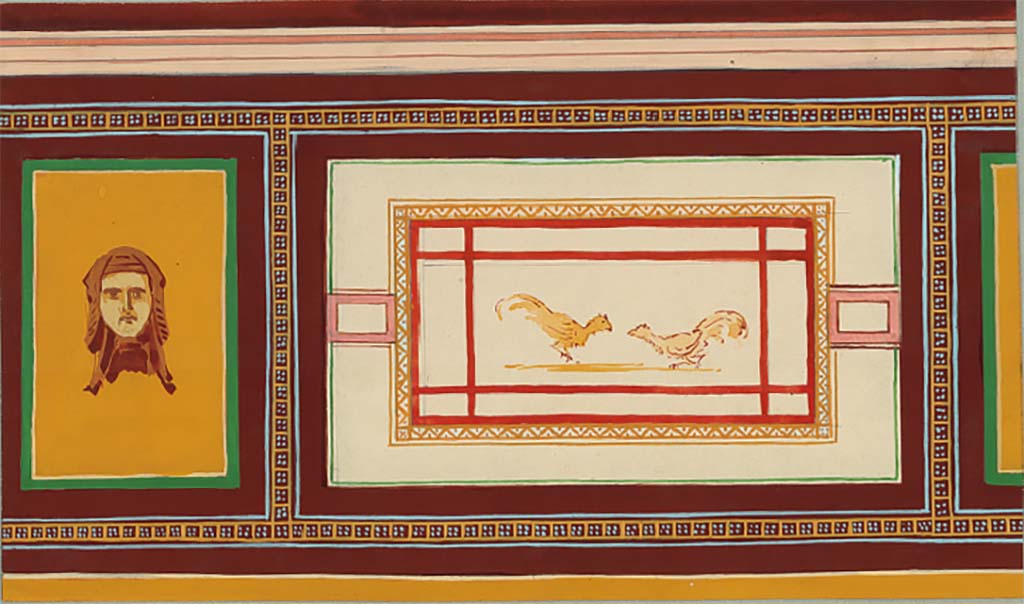 VIII.2.21 Pompeii (?). Undated painting by C. E. Plitt with note “Scavi nuovi”. Possibly from the north wall of room 95.
See DAIR A-VII-34-103 Pompeji Wandmalerei 34 Seite 103