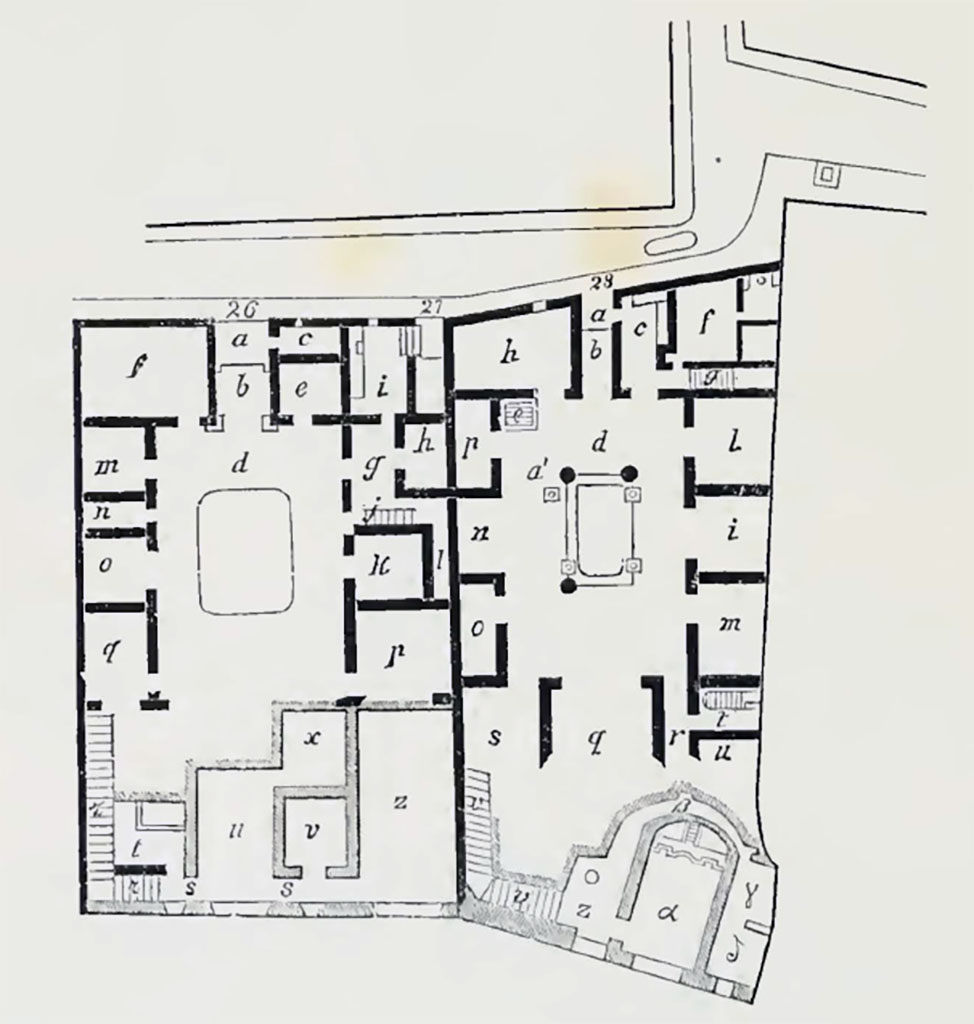 VIII.2.28 Pompeii. 1888 plan of house, on right, combined with VIII.2.26/27 on left.
(Bold black = floor at street level, Grey = lower floor).
See Notizie degli Scavi di Antichità, 1888, p.510.