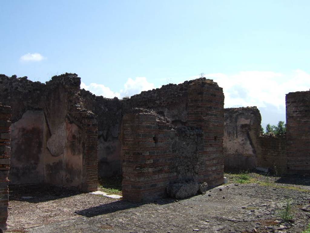 VIII.2.30 Pompeii. September 2005. East side of atrium, with open recess and doorway and window to a cubiculum, on the left.
According to Bull. Inst., on the east wall of these rooms were four paintings of masks. Two on the east wall of each room.
The background of the paintings was dark blue. See Notizie degli Scavi di Antichità, 1883, p.175.
On the right is the open doorway to the east ala.