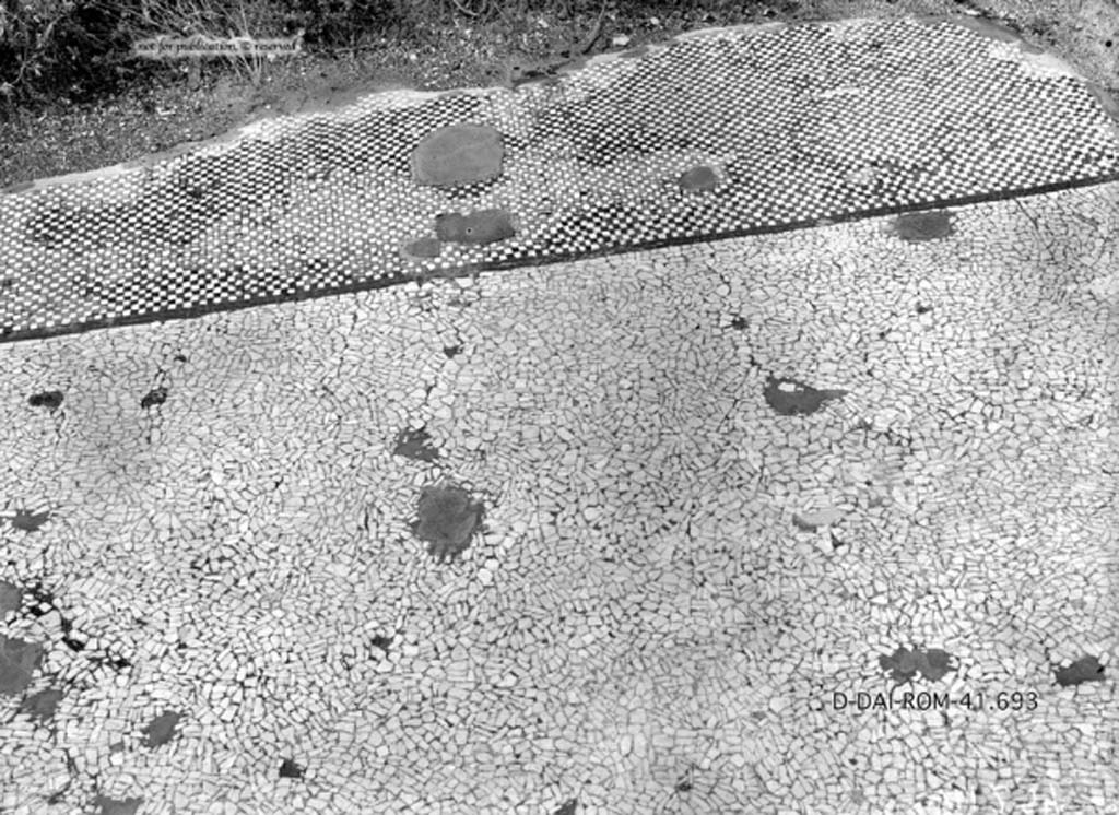 VIII.2.34 Pompeii. c.1930. Flooring in east ala, room “h”.
The flooring consisted of beaten flakes of travertine and was separated from the atrium by a mosaic threshold (0.58m wide), in which the black and white tesserae alternate, and had a narrow band of two rows of masonry tesserae bordering around them.
DAIR 41.693. Photo © Deutsches Archäologisches Institut, Abteilung Rom, Arkiv.
See Pernice, E. 1938. Pavimente und Figürliche Mosaiken: Die Hellenistische Kunst in Pompeji, Band VI. Berlin: de Gruyter, (tav. 32.4, above.)