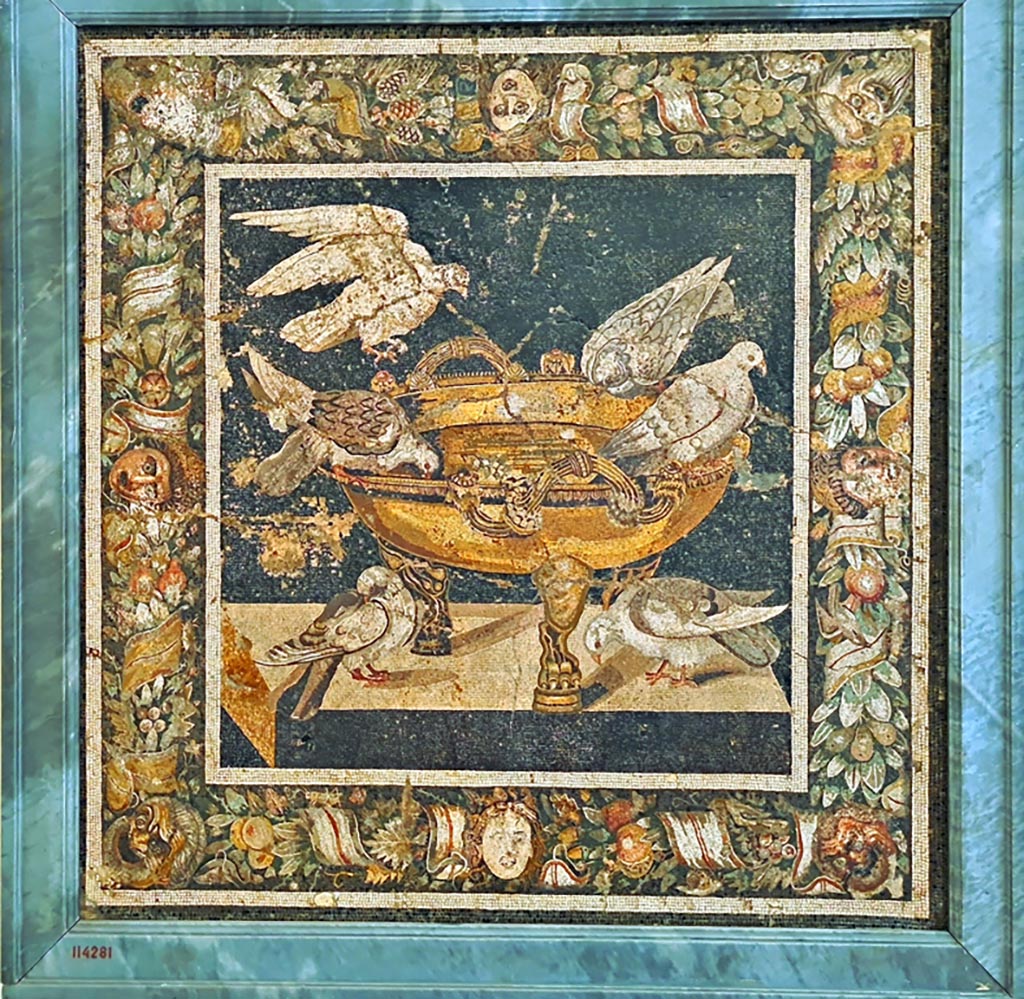VIII.2.34 Pompeii. Emblema from floor, found in March 1885 in room ‘n’.
Now in Naples Archaeological Museum. Inventory number 114281. Photo courtesy of Giuseppe Ciaramella. September 2024.
According to the information card –
Doves drinking from a basin.
Mosaic emblema in opus vermiculatum made from polychrome tesserae.
The mosaic, inspired by a prototype by Sosus of Pergamon, depicts doves drinking from a bronze basin.
The scene is framed by a garland of fruit, ribbons, masks and berries. (First quarter of the Ist century BC.)
(Colombe che si abbeverano.
Emblema pavimentale in opus vermiculatum di tessere policrome.
Il mosaico, ispirato al prototipo di Sosos di Pergamo, raffigura delle colombe che bevono attorno a un bacino bronzeo. La scena è inquadrata da una ghirlanda di frutta, nastri, maschere e bacche. Primo quarto del I secolo a.C.)