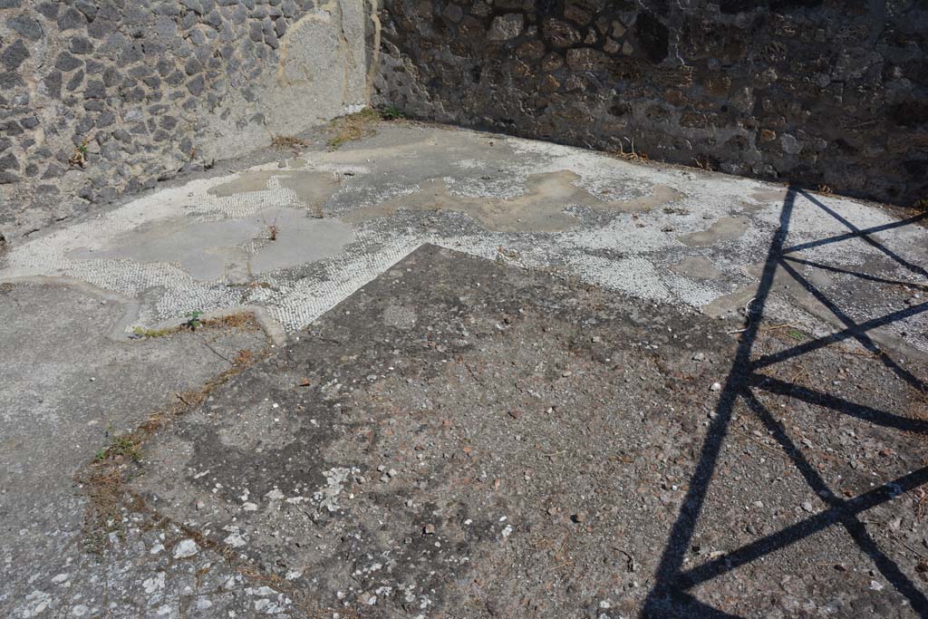 VIII.2.34 Pompeii. September 2019.
Room ‘n’, decorated white mosaic floor in oecus/triclinium, looking north-east across site of emblema.
Foto Annette Haug, ERC Grant 681269 DÉCOR.
