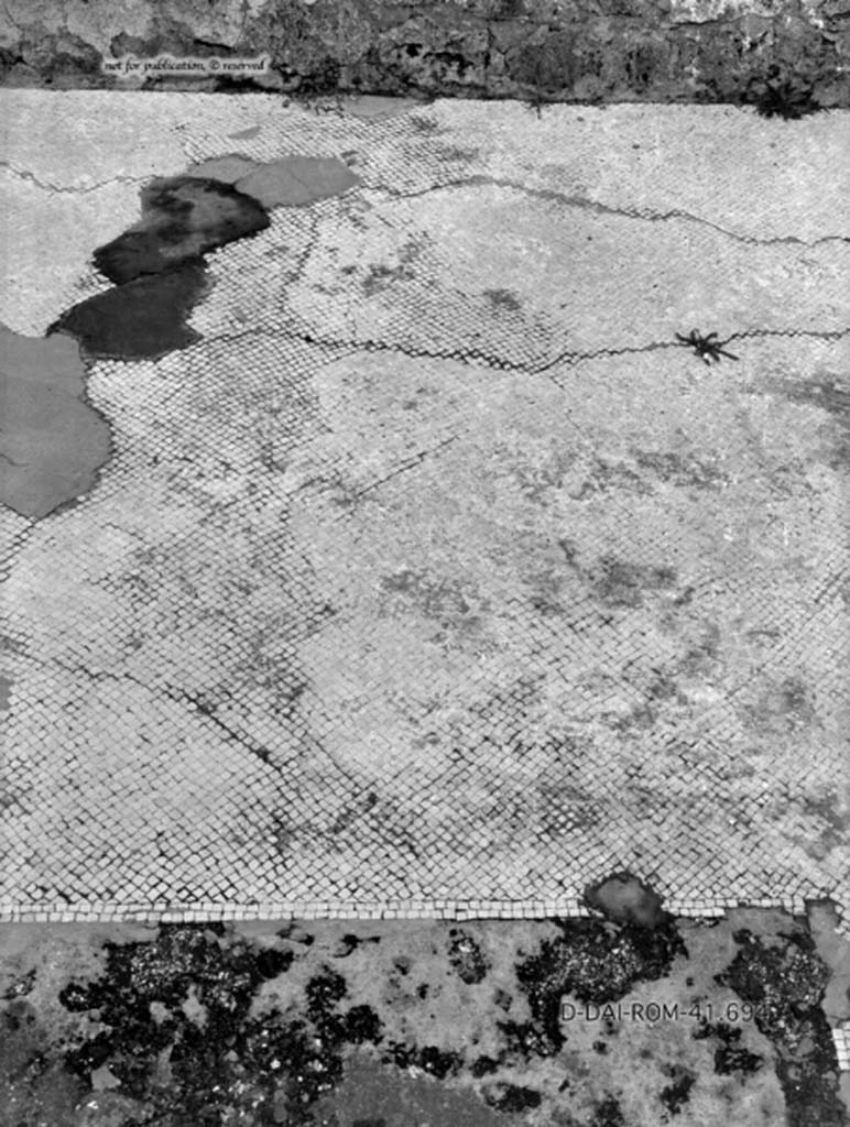 VIII.2.34 Pompeii. c.1930. Triclinium “n”, white mosaic flooring.
DAIR 41.694. Photo © Deutsches Archäologisches Institut, Abteilung Rom, Arkiv.
See Pernice, E. 1938. Pavimente und Figürliche Mosaiken: Die Hellenistische Kunst in Pompeji, Band VI. Berlin: de Gruyter, (tav. 32.5, above.)