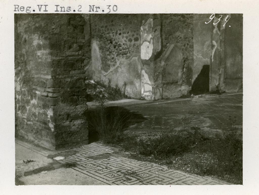 VIII.2.34 Pompeii. Pre-1937-39. (but described as VI.2.30 on the photo).
Looking north-west from tablinum (room m) towards west ala and rooms on west side of atrium.
Photo courtesy of American Academy in Rome, Photographic Archive. Warsher collection no. 934.