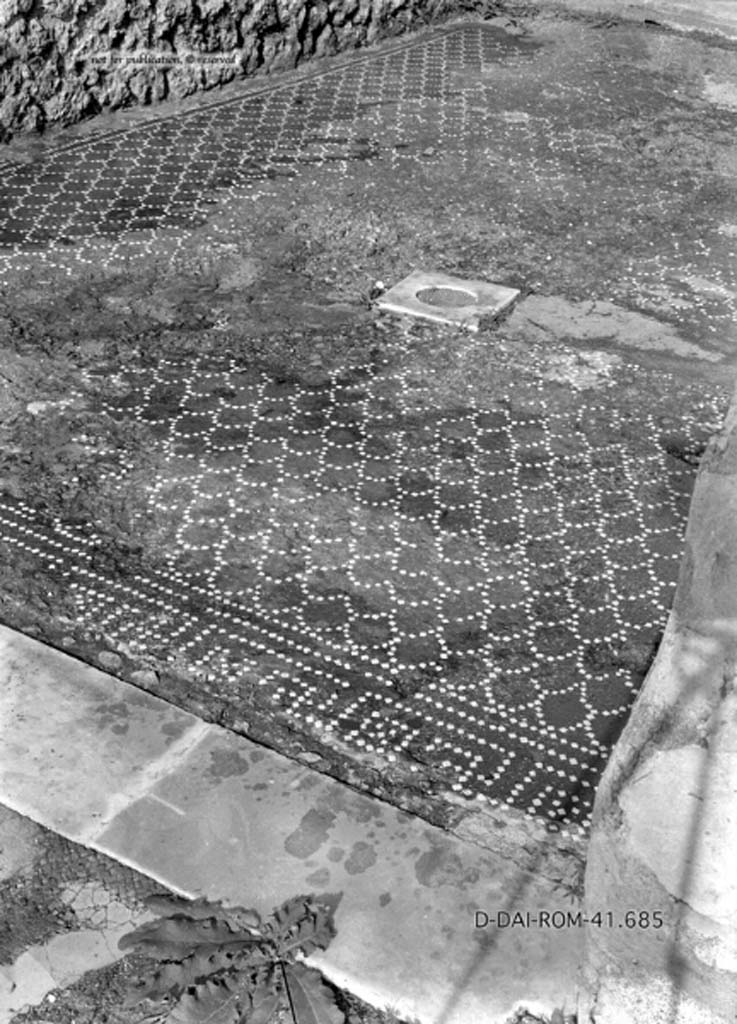 VIII.2.34 Pompeii. c.1930.
Flooring in entrance corridor,”b”, of cocciopesto consisting of a pattern of scales with the threshold towards the atrium showing a pattern of meanders alternating with squares.
DAIR 41.685. Photo © Deutsches Archäologisches Institut, Abteilung Rom, Arkiv.
See Pernice, E. 1938. Pavimente und Figürliche Mosaiken: Die Hellenistische Kunst in Pompeji, Band VI. Berlin: de Gruyter, (tav. 31.2, above.)