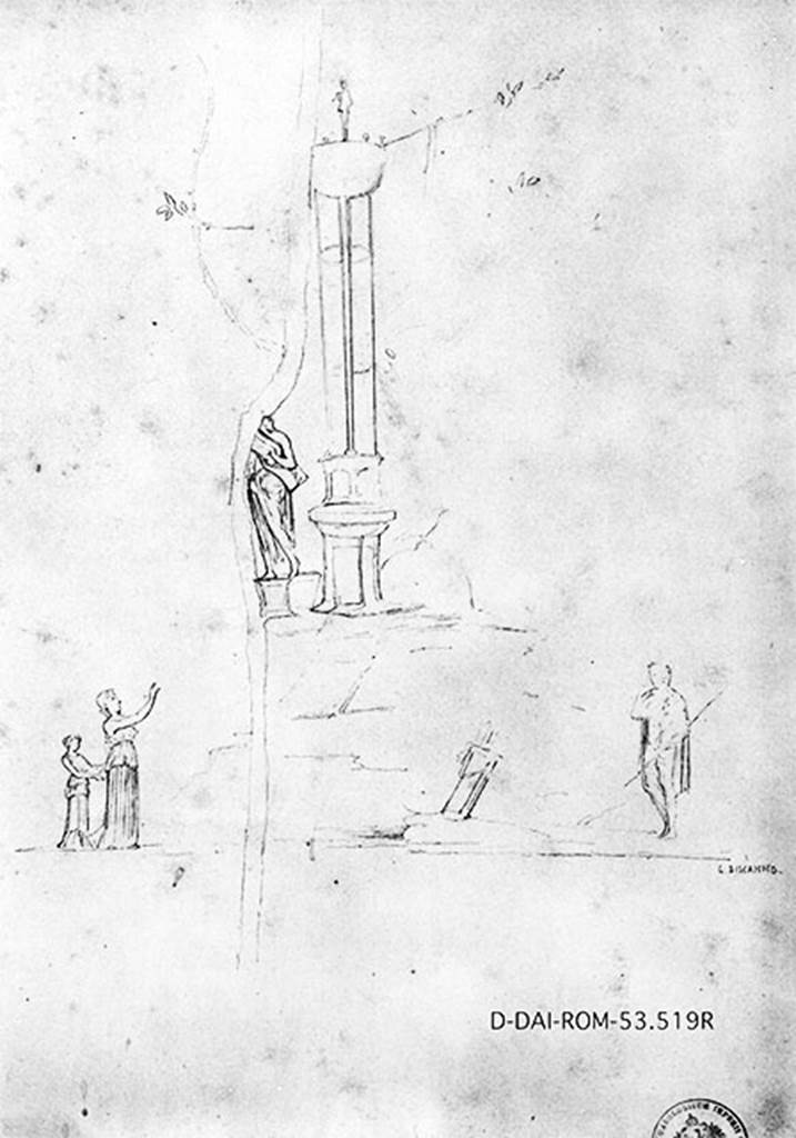 VIII.2.39 Pompeii. Room r, tablinum east wall. 19th century drawing by G Discanno.
A statue of Apollo with a lyre under his arm, the omphalos on which is a crow and in front of that the tripod placed on a rise.
Nearby is a table with bandages: on the bottom there are plants and trees.
On the left are two women one in an act of adoration, the other holding a basket and on the right is an armed man.
DAIR 53.519. Photo © Deutsches Archäologisches Institut, Abteilung Rom, Arkiv.
See Carratelli, G. P., 1990-2003. Pompei: Pitture e Mosaici: Vol. VIII. Roma: Istituto della enciclopedia italiana, p. 333.