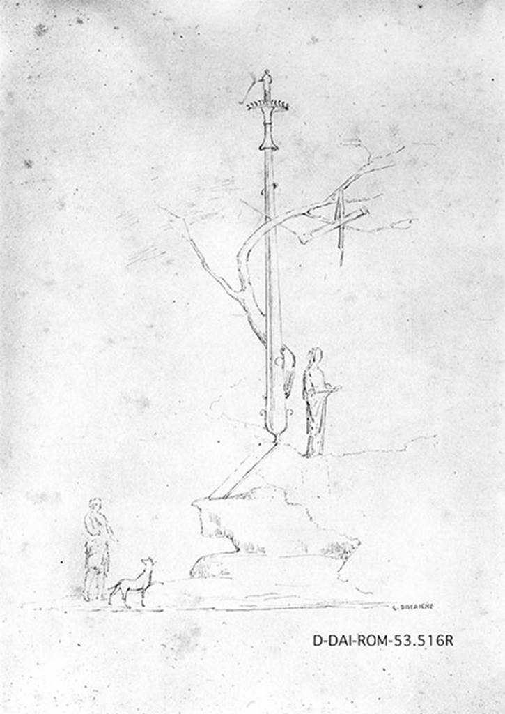 VIII.2.39 Pompeii. Room r, tablinum west wall, central panel. 19th century drawing by G Discanno.
A column is surmounted by a small herm. The sparse fronds of a tree surround it and from the branches hang objects.
On the right there is a female statue that holds something between the raised hands.
From the left comes a man preceded by a dog.
DAIR 53.516. Photo © Deutsches Archäologisches Institut, Abteilung Rom, Arkiv.
See Carratelli, G. P., 1990-2003. Pompei: Pitture e Mosaici: Vol. VIII. Roma: Istituto della enciclopedia italiana, p. 333.