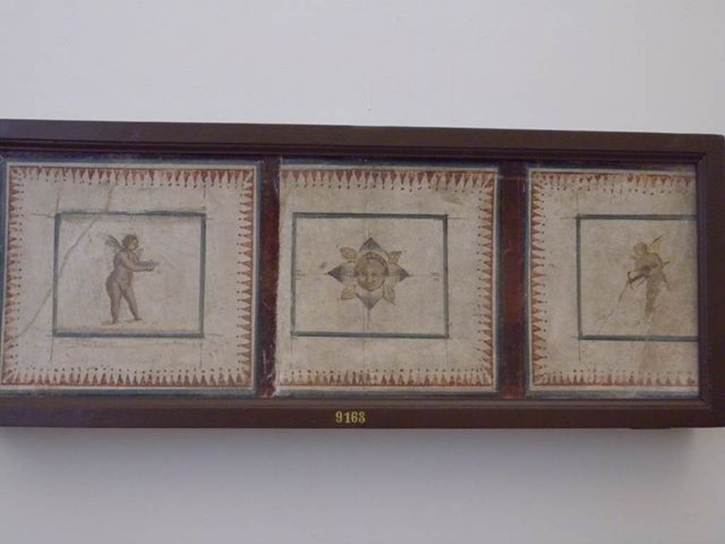 VIII.2.39 Pompeii. Found 14th August 1767. Room l on first lower floor.
Three painted panels from a cubiculum decorated in the Third style.
Now in Naples Archaeological Museum. Inventory number 9168.
See Pagano, M. and Prisciandaro, R., 2006. Studio sulle provenienze degli oggetti rinvenuti negli scavi borbonici del regno di Napoli. Naples: Nicola Longobardi, p. 62.
See Fiorelli G., 1860. Pompeianarum antiquitatum historia, Vol. 1: 1748 - 1818, Naples, 1, 210.