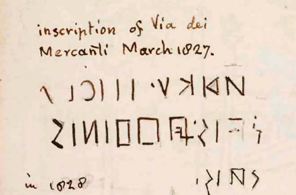 VIII.3.2 Pompeii. Drawing by Gell of same inscription in Via dei Mercanti (Via dell’Abbondanza), March 1827.
See Gell, W. Sketchbook of Pompeii, c.1830.
See book from Van Der Poel Campanian Collection on Getty website http://hdl.handle.net/10020/2002m16b425