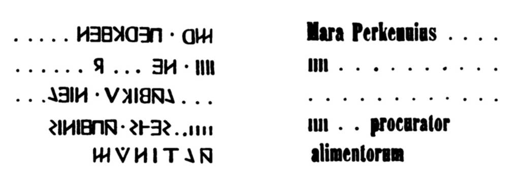 VIII.3.2 Pompeii. 1856. Inscription seen in the street by the Fountain of Abundance near the Forum.
Inscriptionem hanc inspicimus in platea Fontis Abundantiae prope Forum. Gellius (Pompeiana 1835, pag. 3-4).
See Fiorelli G., 1856. Monumenta Epigraphica Pompeiana. Pars Prima Inscriptionum Oscarum Apographa. Neapoli: Nobile, p. xxxiii, n. IX.