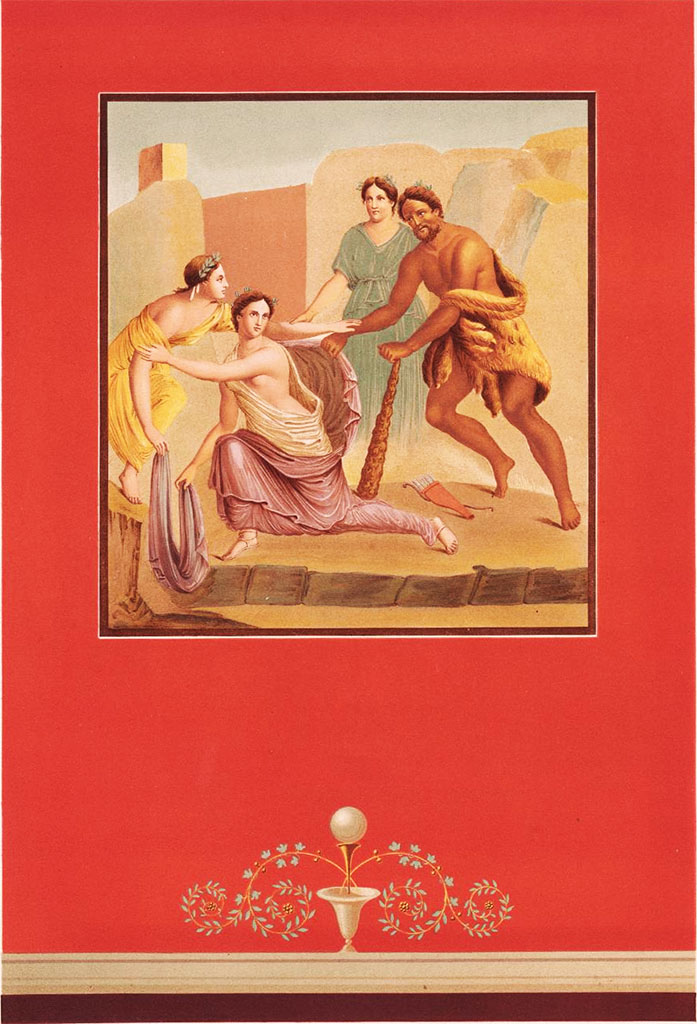 VIII.3.4 Pompeii. Pre-1846.
Reproduction painting of Hercules and Iole, as painted by Raoul Rochette.
Described as found in a house next to that called “School of Verna” and it decorated a wall in one of the rooms situated to the right of the peristyle, at the rear of this house, which was of little importance.
(Note 7: See the detail given on this painting, at the moment when it came to be discovered, by M. le D. Schulz, in “Bullet. Archeolog”, 1841, (p.119-120).
See Raoul-Rochette, M., 1846. Choix de Peintures de Pompei, (pl. 7 and p.92-93).