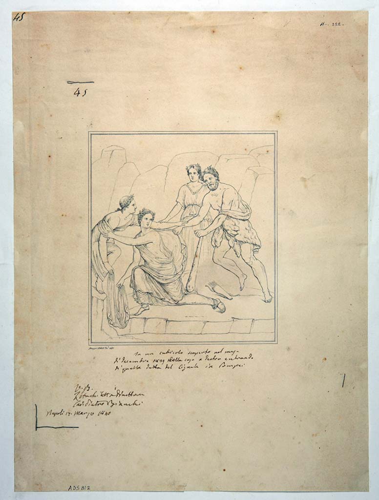 VIII.3.4 Pompeii. Drawing by Giuseppe Abbate, 1840, of painting of Hercules and Auge, which gave the house its name.
When found, it was in a bad condition.
According to the note below the drawing, it was from a cubiculum found in the month of December 1839.
This room was on the west side of the peristyle.
See Helbig, W., 1868. Wandgemälde der vom Vesuv verschütteten Städte Campaniens. Leipzig: Breitkopf und Härtel, (1142).
Now in Naples Archaeological Museum. Inventory number ADS 812.
Photo © ICCD. http://www.catalogo.beniculturali.it
Utilizzabili alle condizioni della licenza Attribuzione - Non commerciale - Condividi allo stesso modo 2.5 Italia (CC BY-NC-SA 2.5 IT)